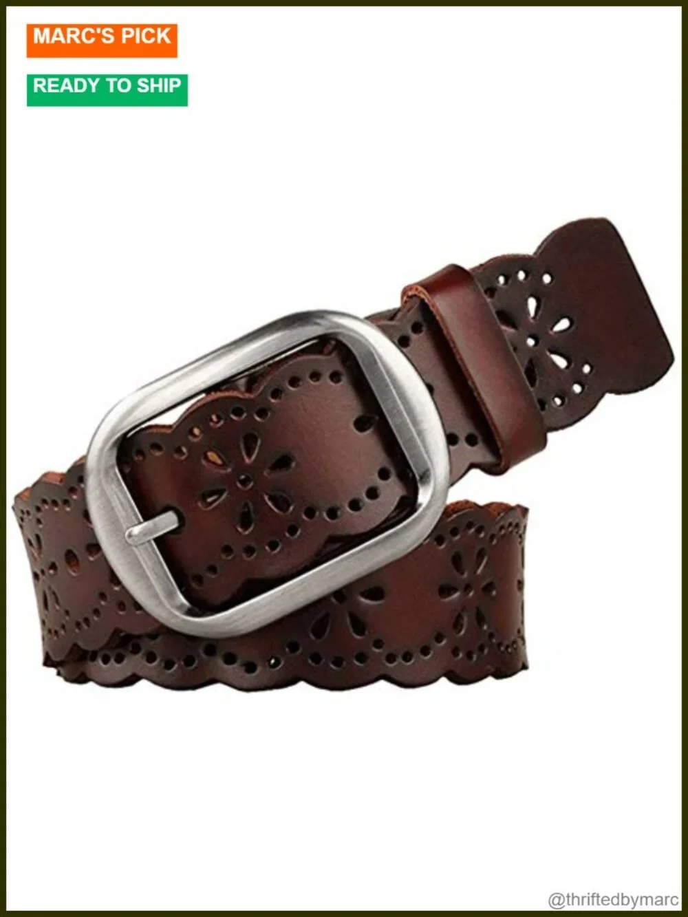 Genuine Leather Hollow Flower Wide Belt for Jeans Pants